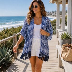 Victoria’s Secret Blue Aztec Boho Fringe Kimono Top Beach Cover Up XS/S
